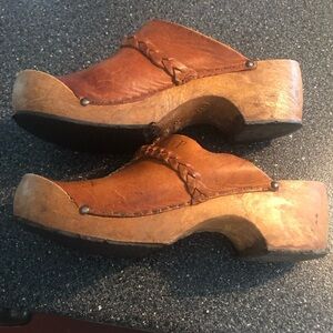 Earth tone Leather  Wooden Clogs size 9 - 9.5 eclectic